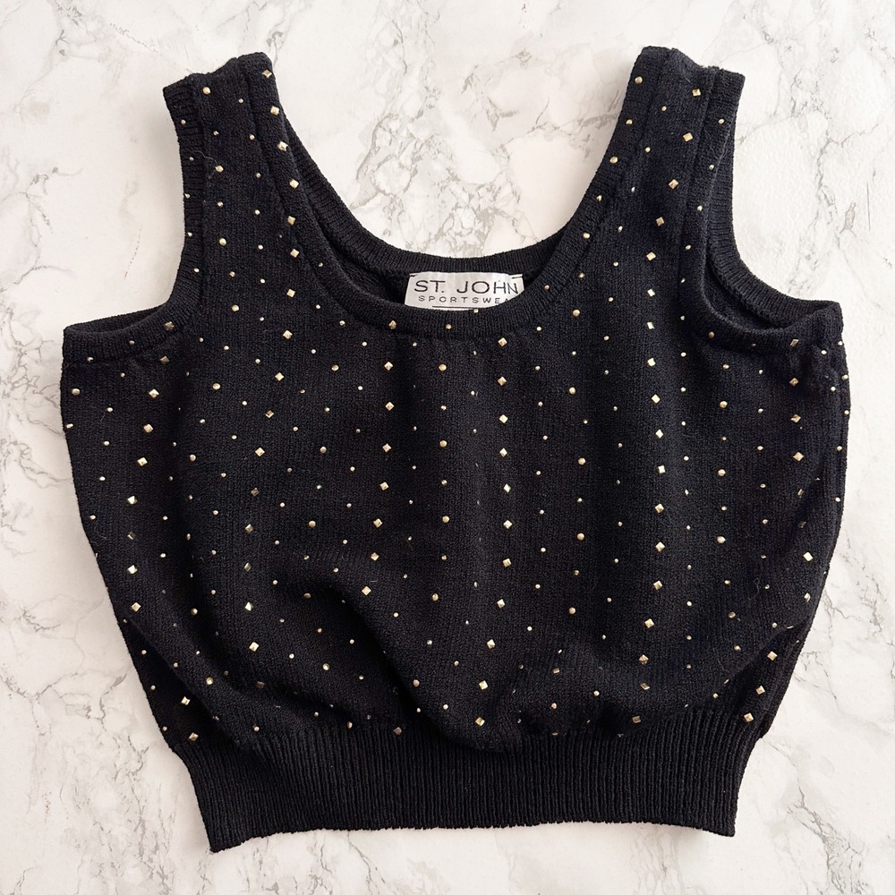 St. John Sleeveless Studded Black Knit Crop Top Womens Size Petite 2p